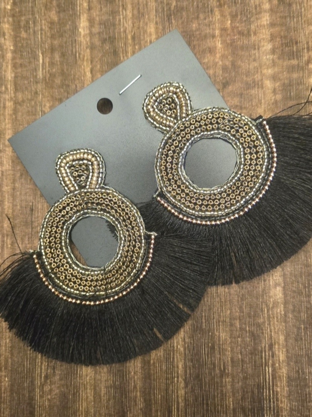 Beaded Black Fringe Statement Earrings